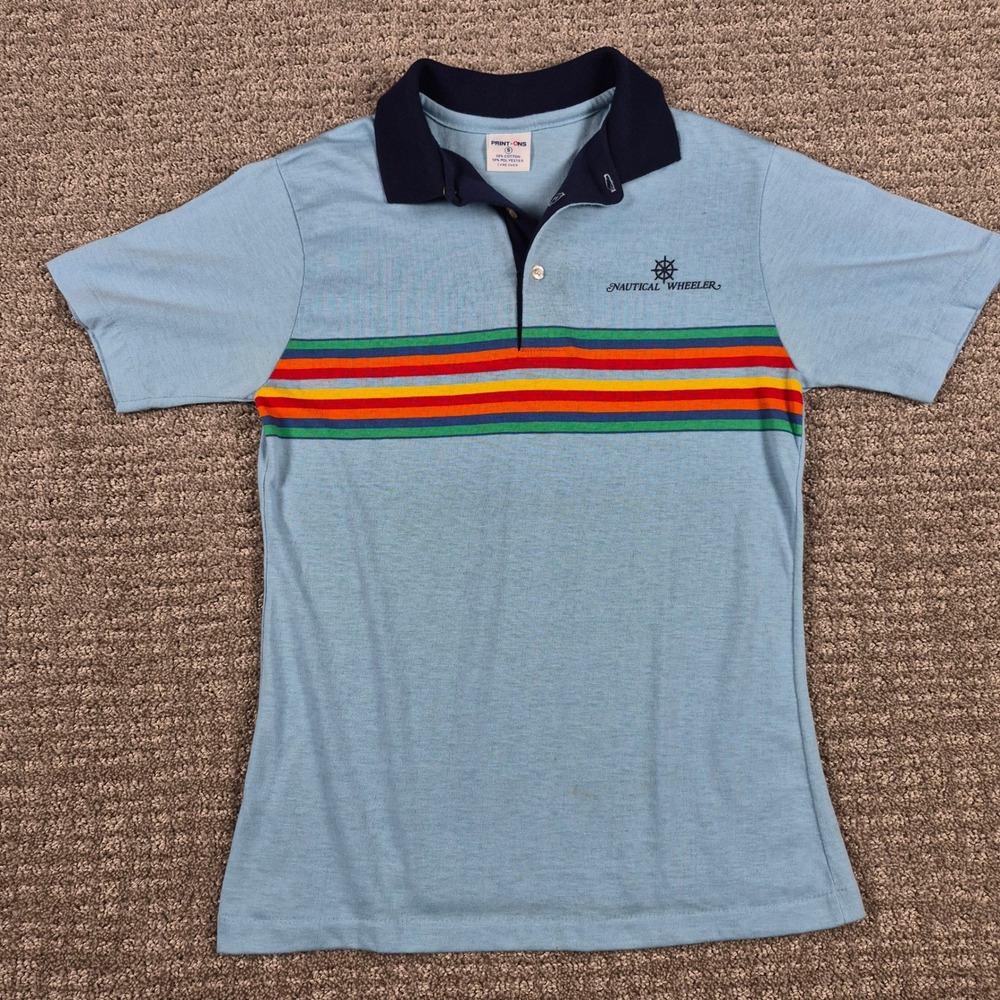 Vintage 70s Rainbow Stripe Polo Shirt Mens S (Fit Xs) Blue Nautical Wheeler USA